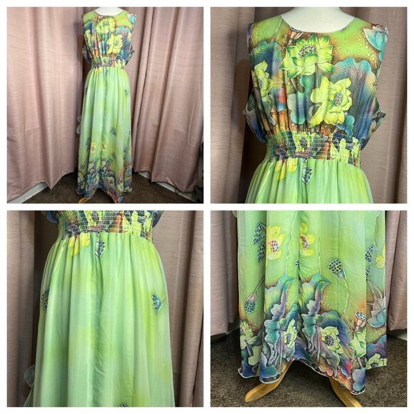 Floral Print Maxi Dress V-Neck Very Stretchy Green Water Lily Sheer Size 2X3X - Picture 10 of 16